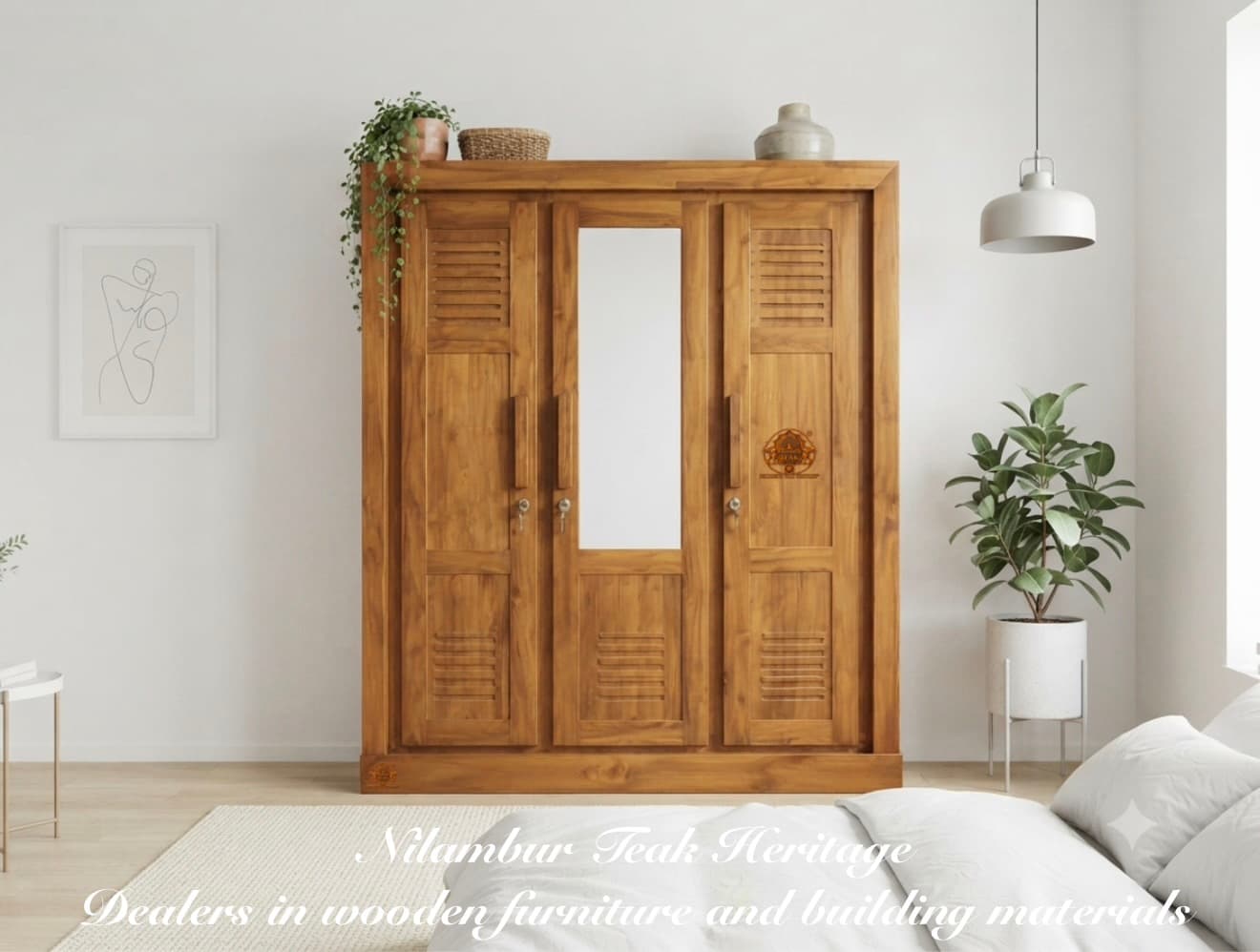 Aura Living Tri-Door Solid Teak Wardrobe with Central Mirror and Vented Louver Panels