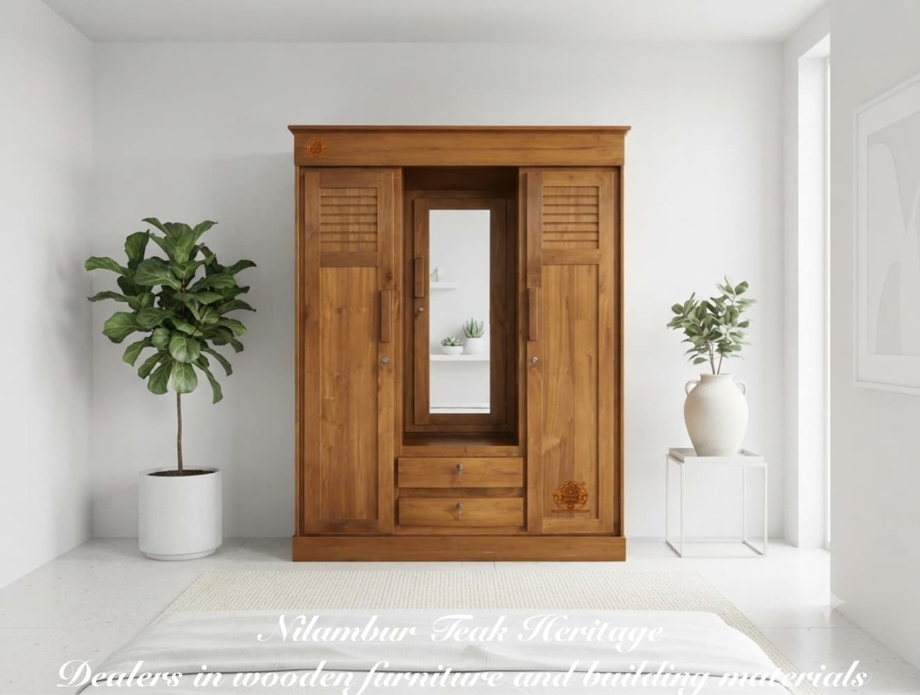 Aura Living Integrated Solid Teak Wardrobe with Recessed Central Vanity Alcove and Dual Lower Drawers