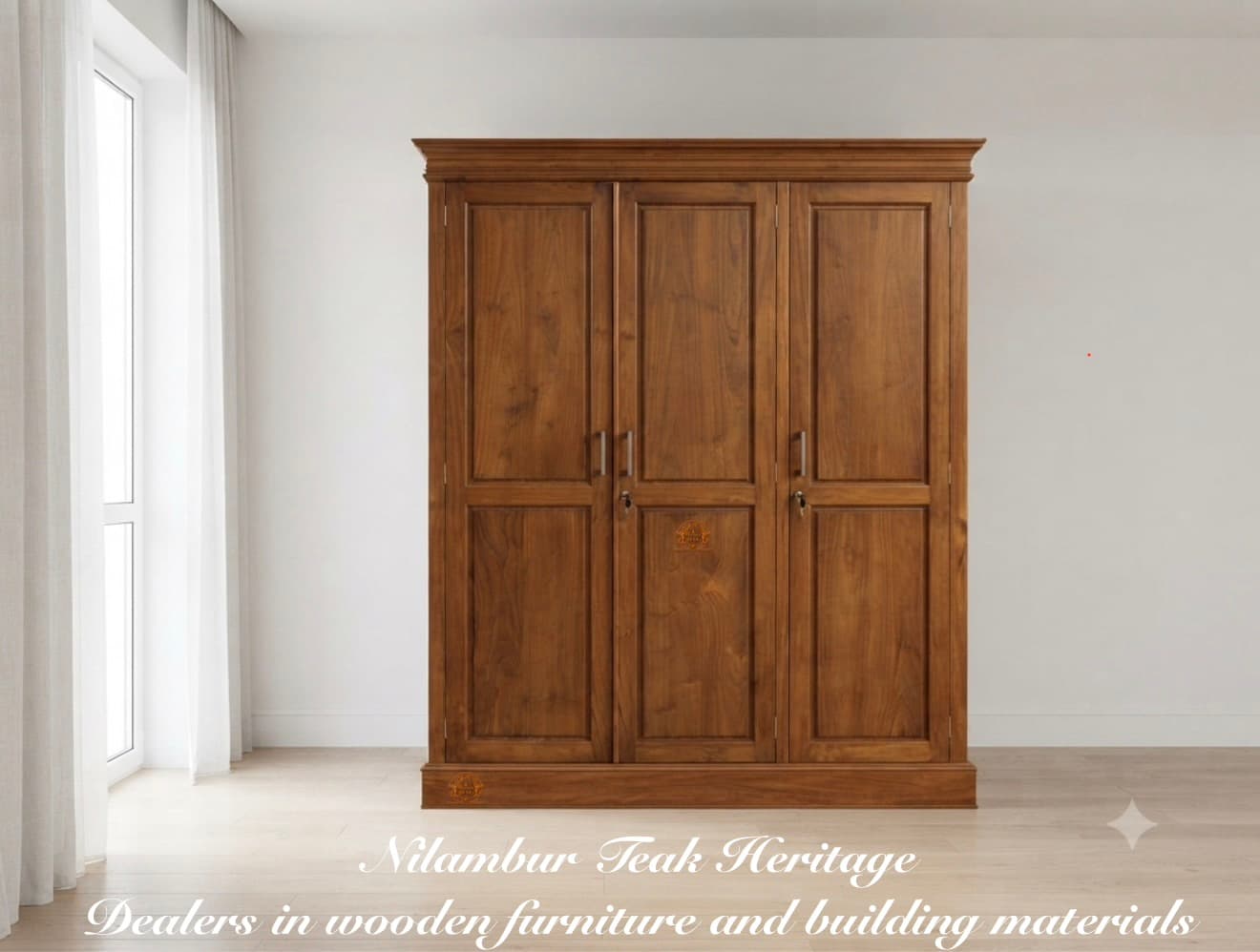 Aura Living Traditional Crown-Cornice Solid Teak 3-Door Wardrobe with Dual-Tier Panels