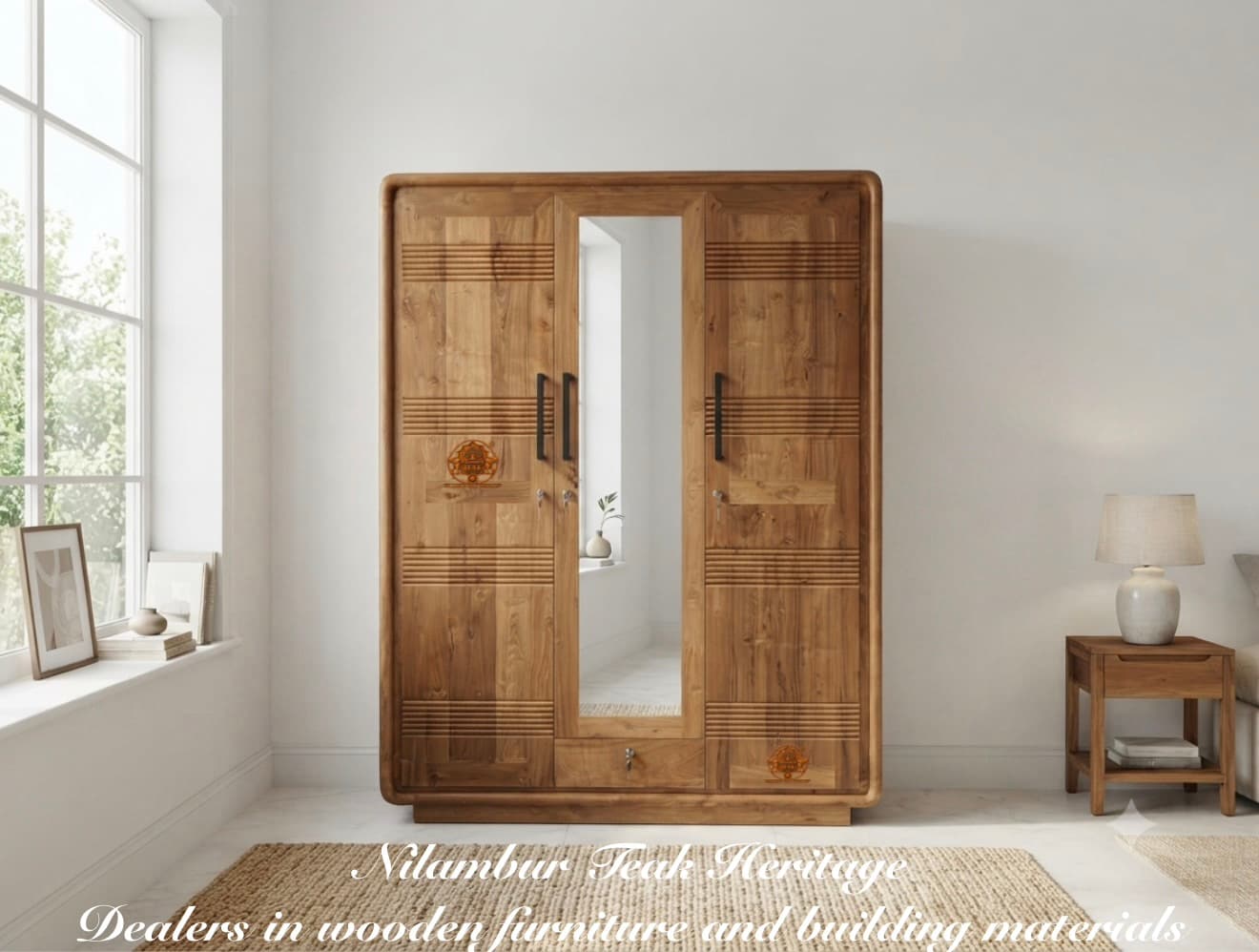 Aura Living Soft-Edge Curved Solid Teak 3-Door Wardrobe with Multi-Tier Grooved Panels and Central Drawer