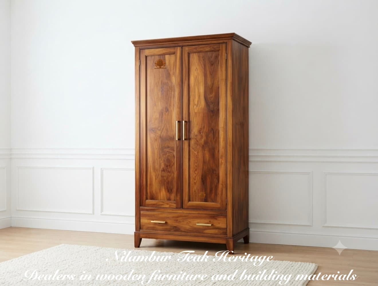 Aura Living Crown-Cornice Solid Teak 2-Door Wardrobe with Brushed Gold Hardware and Lower Drawer