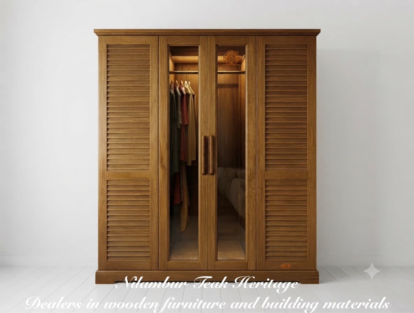 Aura Living Grand Quad-Door Solid Teak Wardrobe with Illuminated Glass Display and Full Louvered Wings
