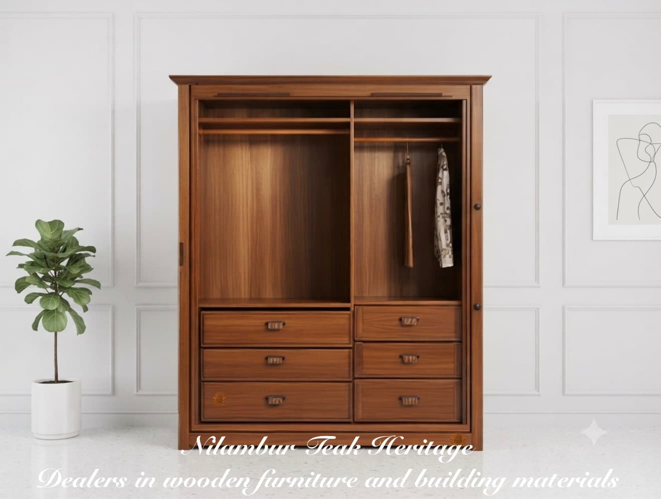 Aura Living Open-Access Solid Teak Wardrobe with Dual Hanging Bays and Six Lower Drawers