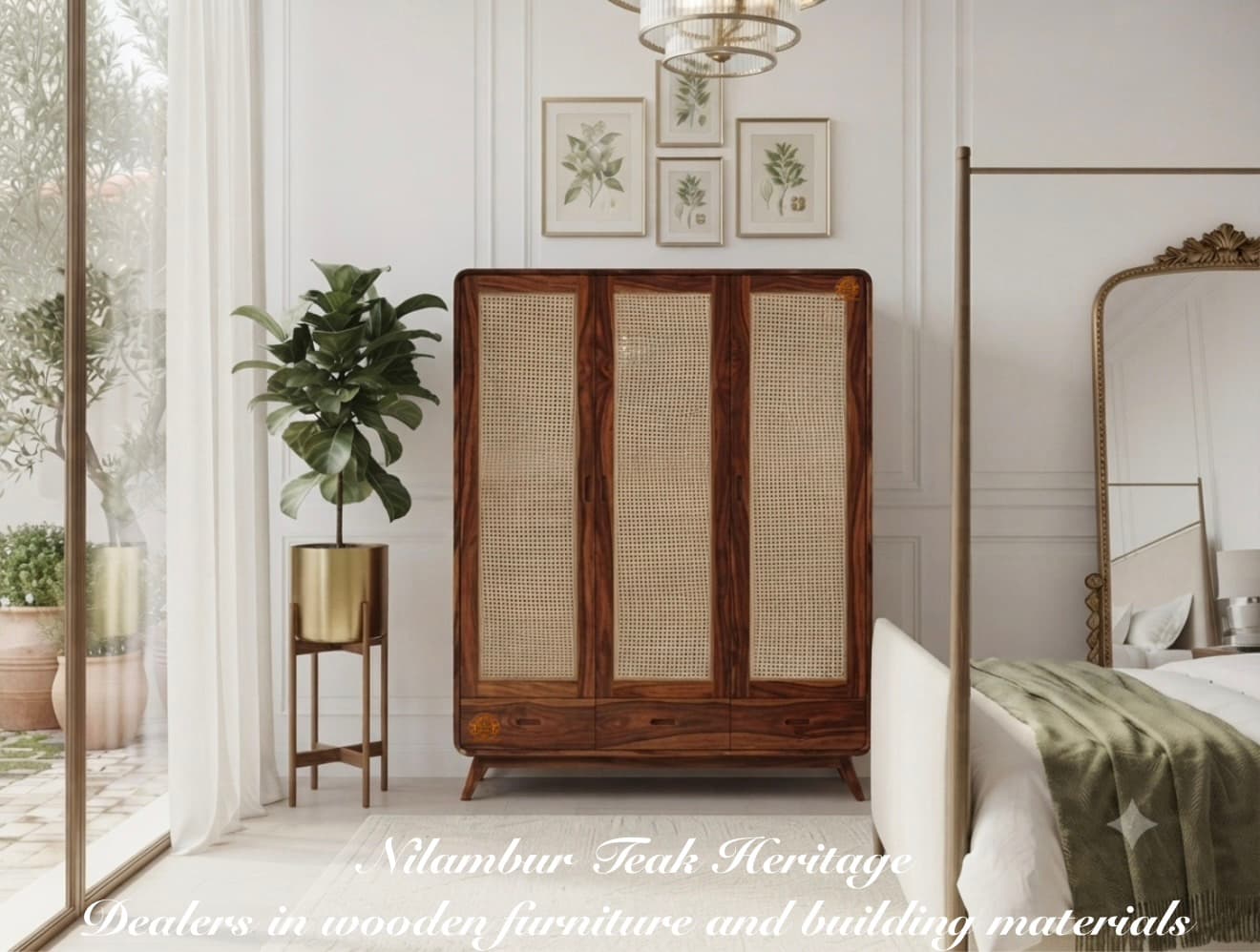 Aura Living Bohemian-Chic Solid Teak 3-Door Wardrobe with Woven Cane Mesh Panels and Splayed Legs