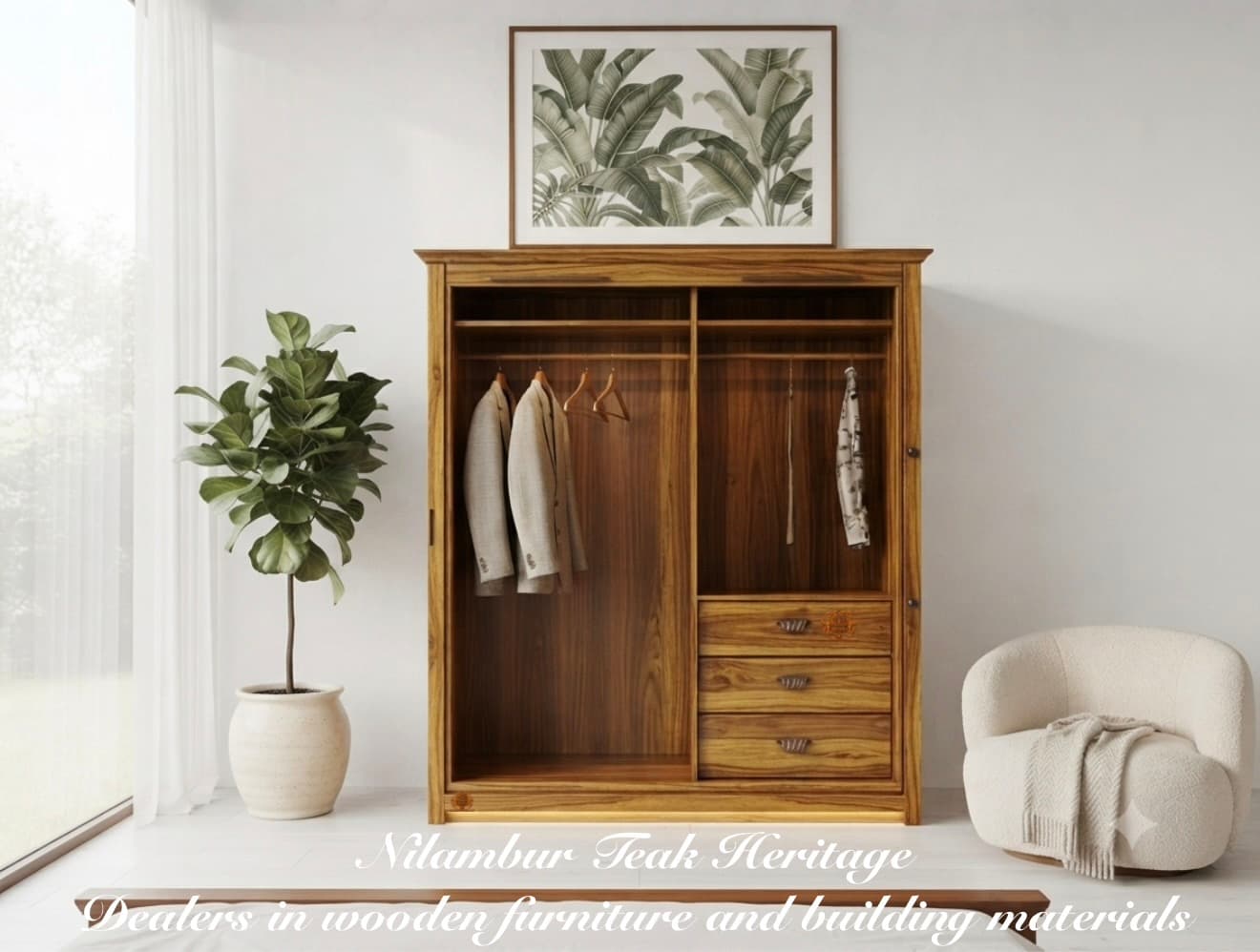 Aura Living Asymmetric Sliding Solid Teak Wardrobe with Right-Side Triple Drawer Stack
