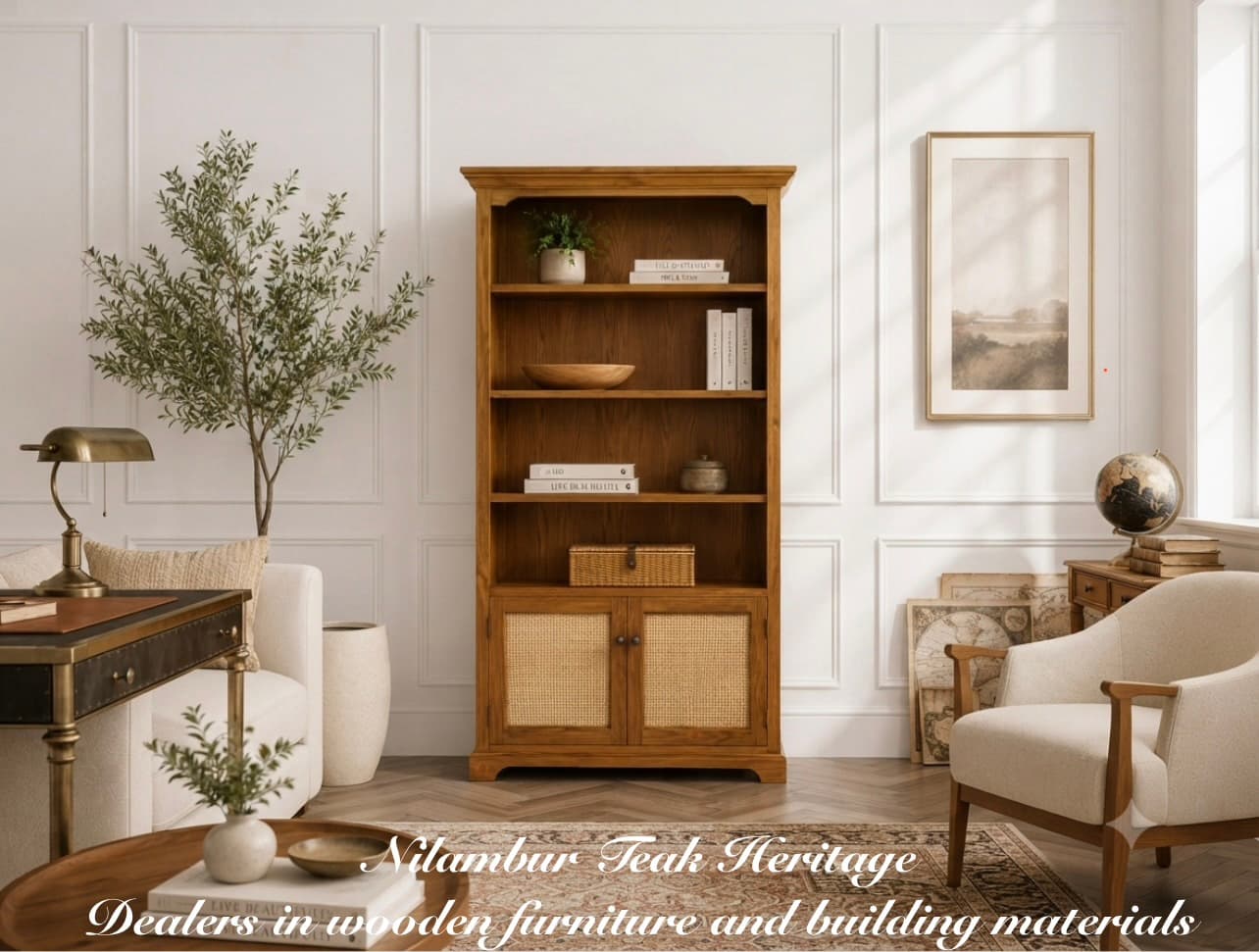 Open-Tier Bookshelf with Woven Cane Doors