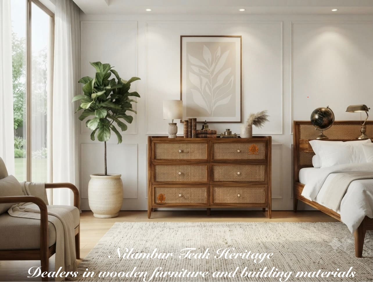 6-Drawer Cane-Panel Double Dresser & Cabinet