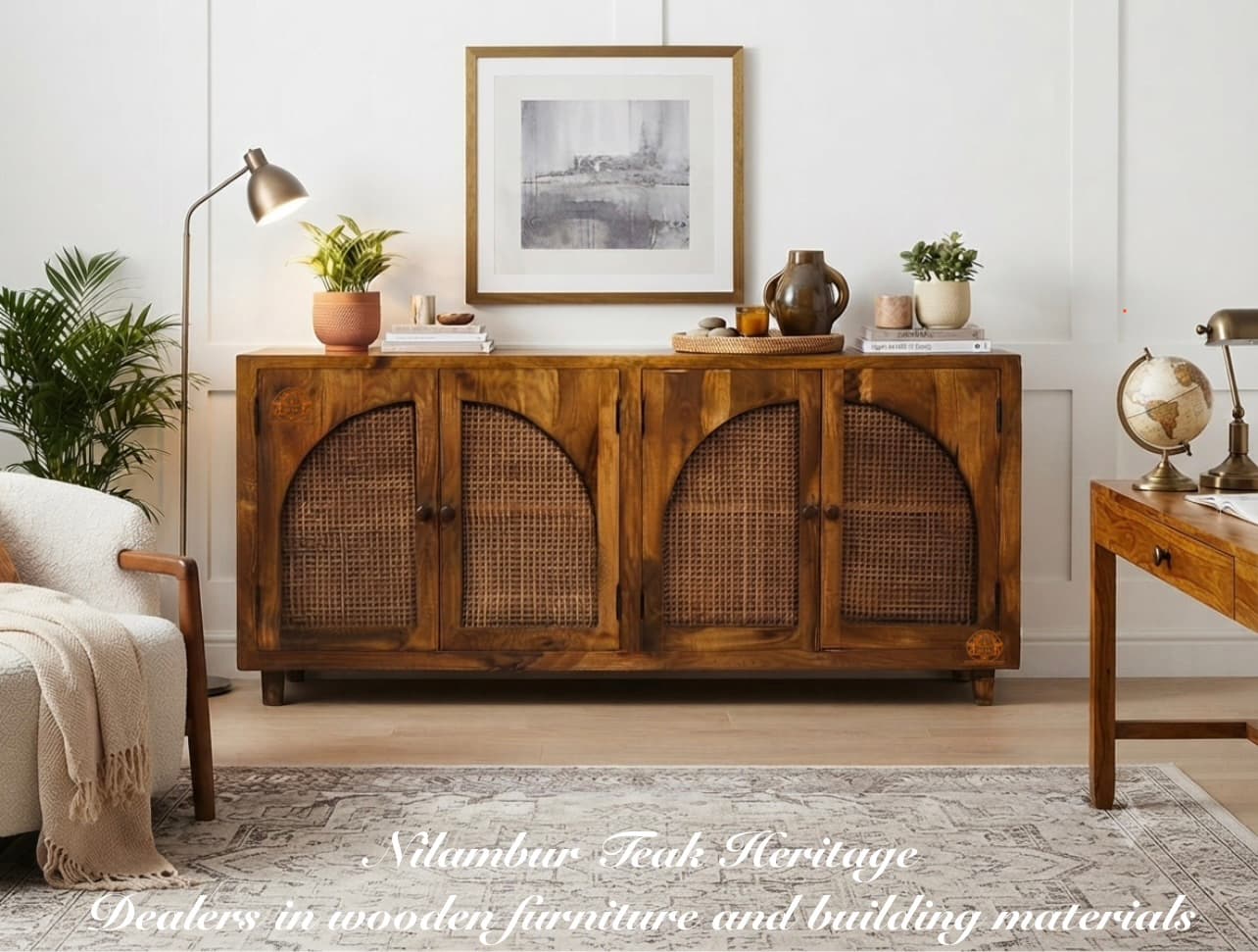Arched Rattan Four-Door Teak Cabinet