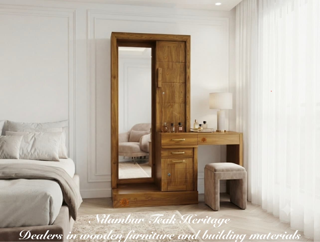Dressing Table with Full-Length Mirror, Concealed Cabinet, and Matching Stool