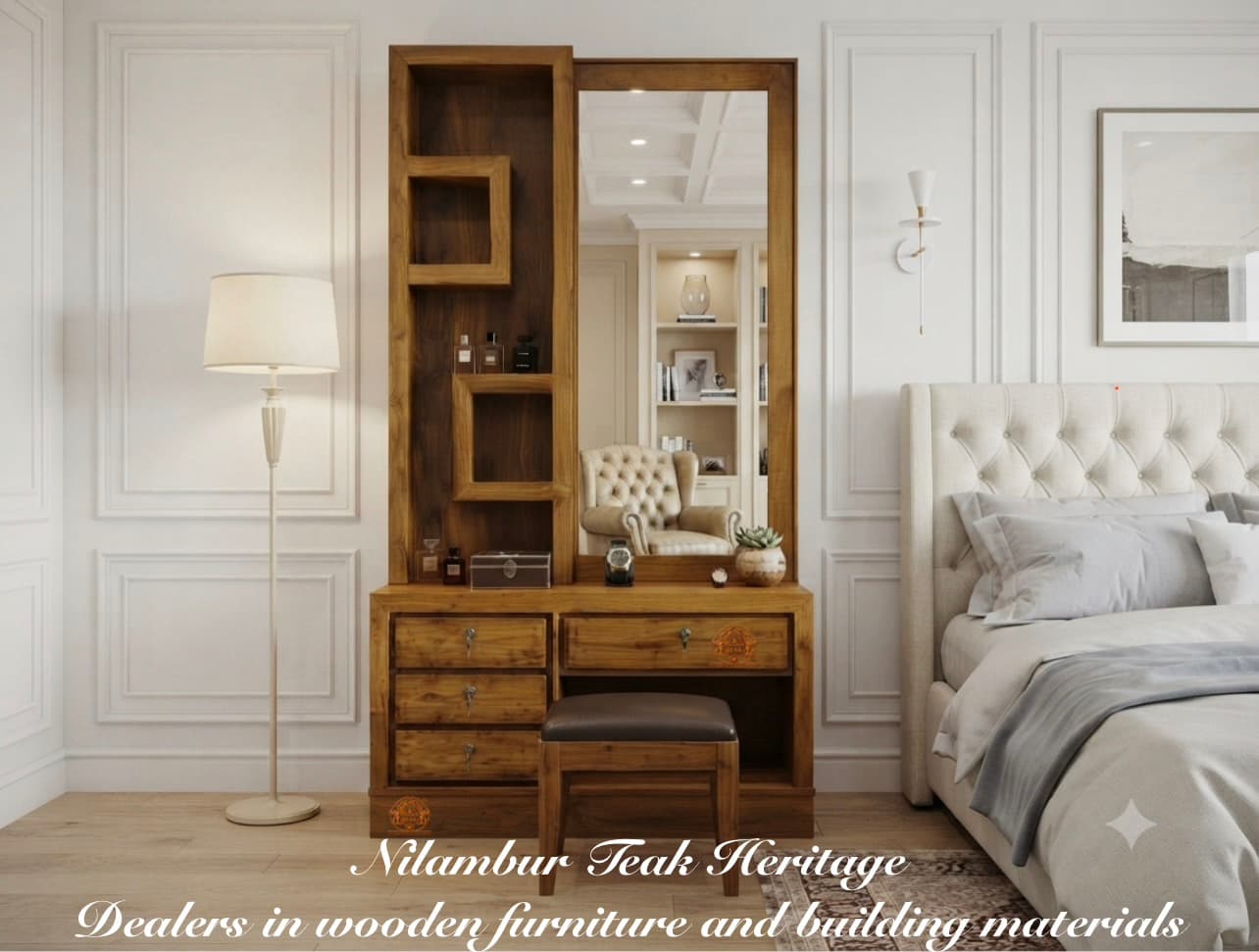Modern Geometric-Shelf Bedroom Dressing Table with Full-Length Mirror, Multi-Drawer Console, and Matching Stool