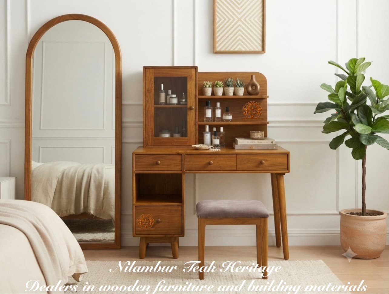 Arched Mirror Bedroom Dressing Table Set with Glass-Door Cabinet, Tiered Shelves, and Upholstered Stool