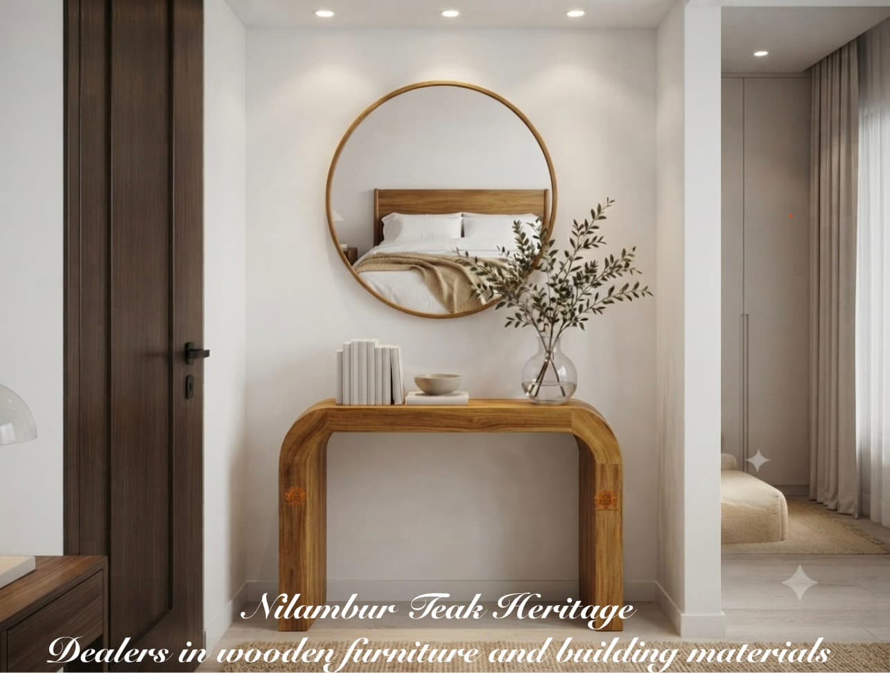 Waterfall Curve Teak Wood Console Dressing Table with Large Round Wall Mirror