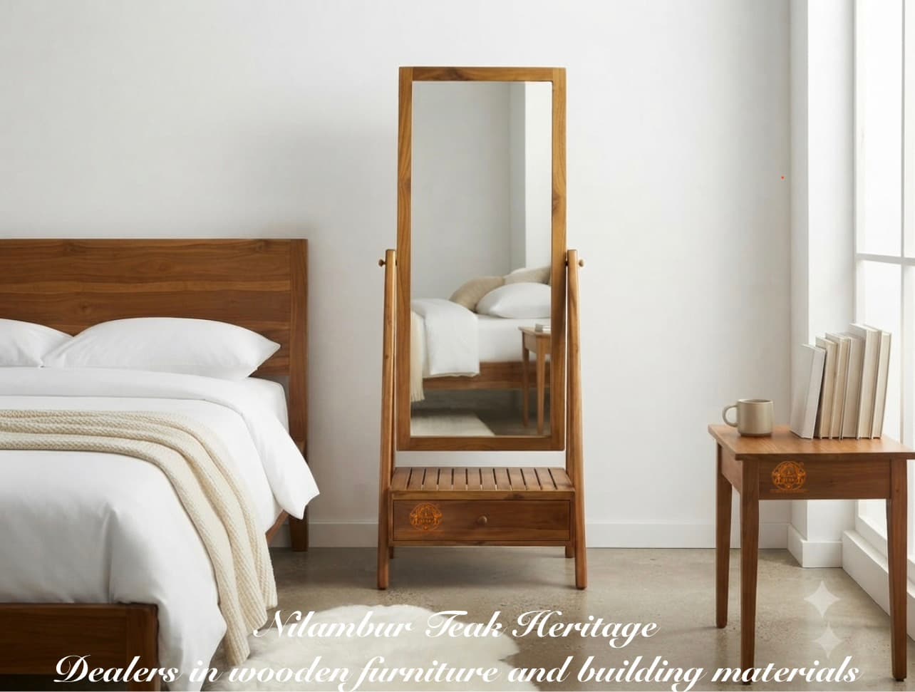 Adjustable Tilting Full-Length Standing Mirror with Base Drawer and Slatted Shelf
