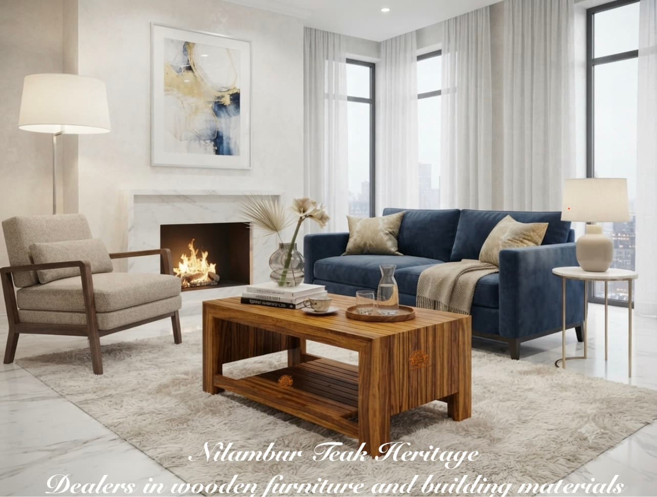 Modern Minimalist Solid Teak Wood Coffee Table with Lower Shelf