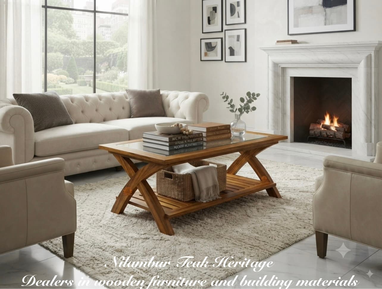 Cross-Leg Trestle Solid Teak Wood Coffee Table with Glass Top