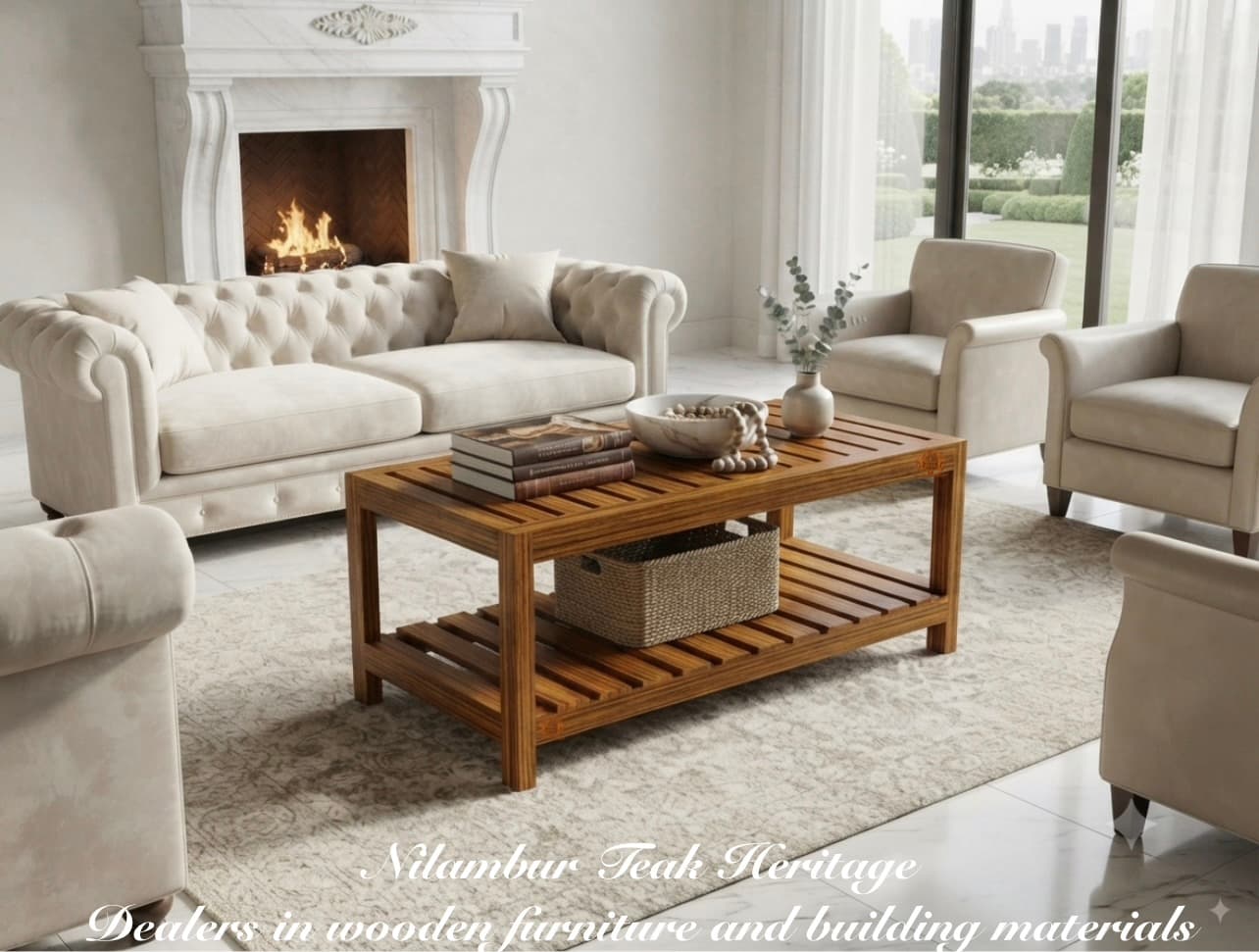 Fluted-Post Slatted-Top Solid Teak Wood Coffee Table