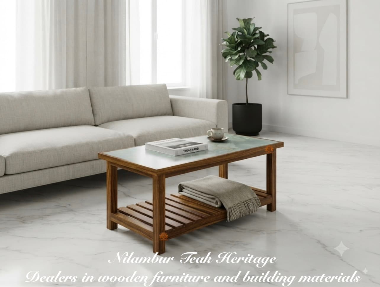 Marble-Top Fluted-Post Solid Teak Wood Coffee Table