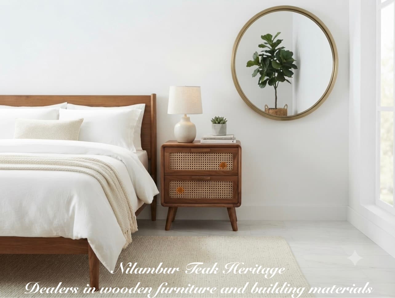 Mid-Century Rattan-Front Two-Drawer Solid Teak Wood Bedside Table