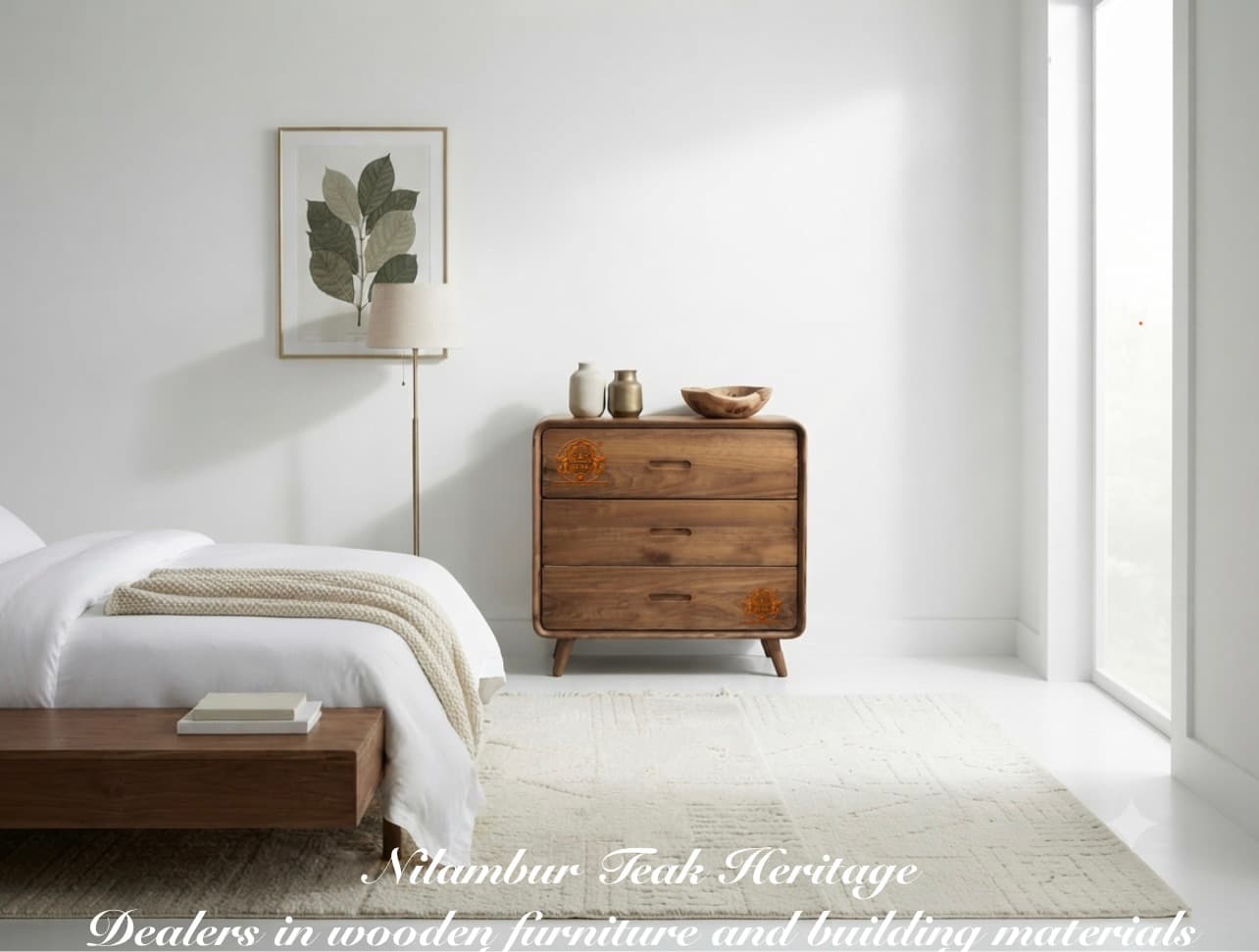 Curved-Edge Three-Drawer Solid Teak Wood Bedside Dresser
