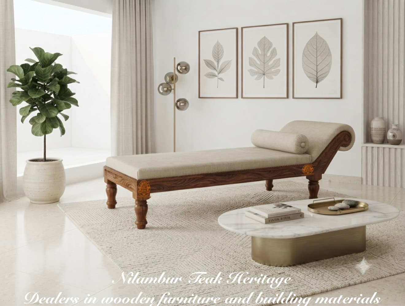 Living Solid Teak Wood Daybed & Diwan with Cylindrical Bolster