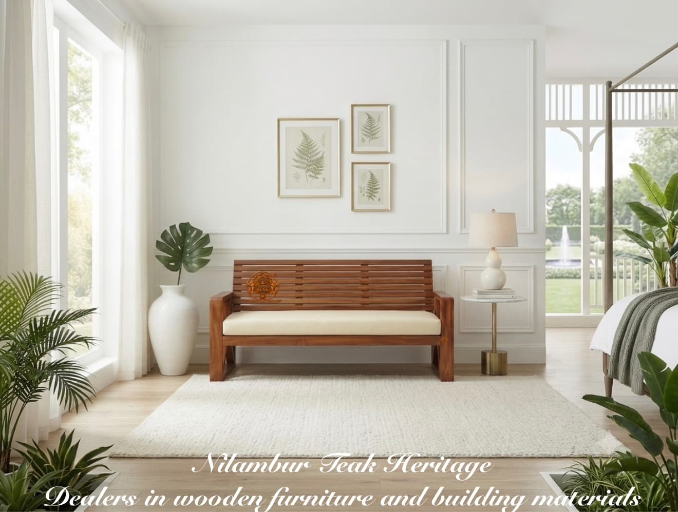 Harbor Horizon Upholstered Horizontal-Slat Teak Bench