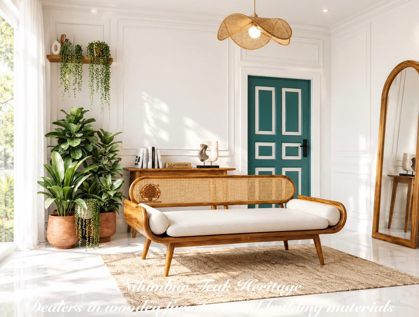 Riviera Cane-Back Upholstered Teak Sit-Out Diwan