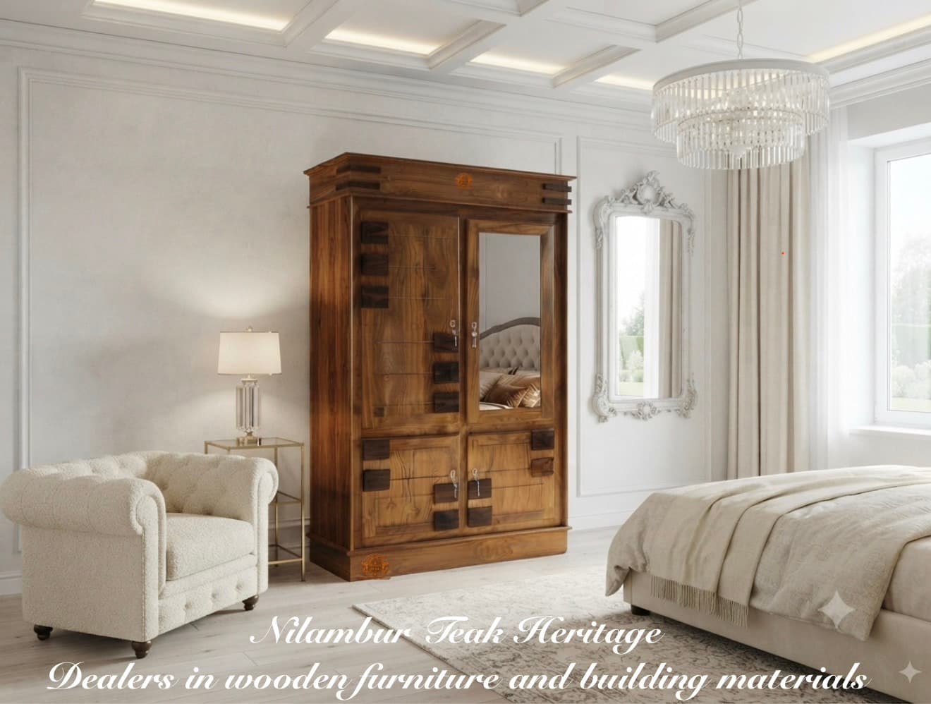 Aura Living Dual-Tone Solid Teak and Rosewood 4-Door Wardrobe with Half-Length Mirror