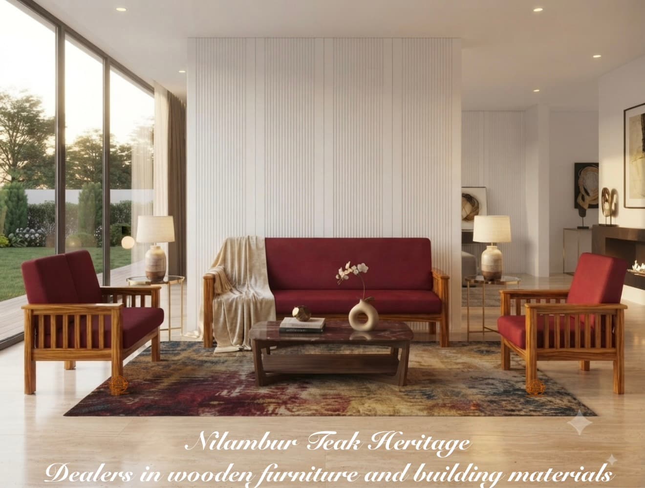 Craftsmen Heritage Solid Teak Wood 6-Seater Sofa Set (3 + 2 + 1) with Rich Crimson Fabric Cushions