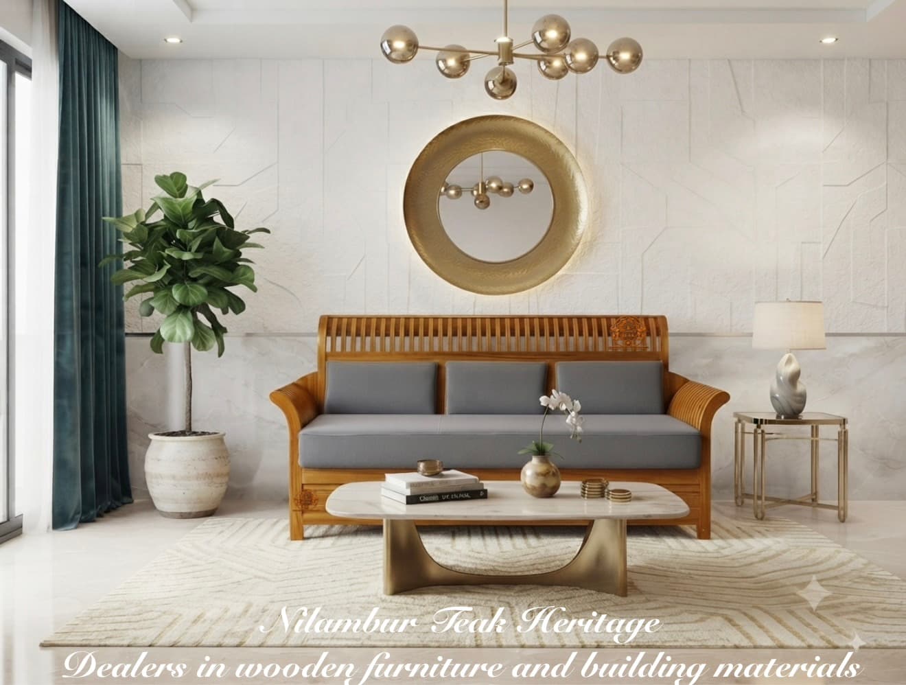 Artisan High-Back Solid Teak Wood 3-Seater Sofa