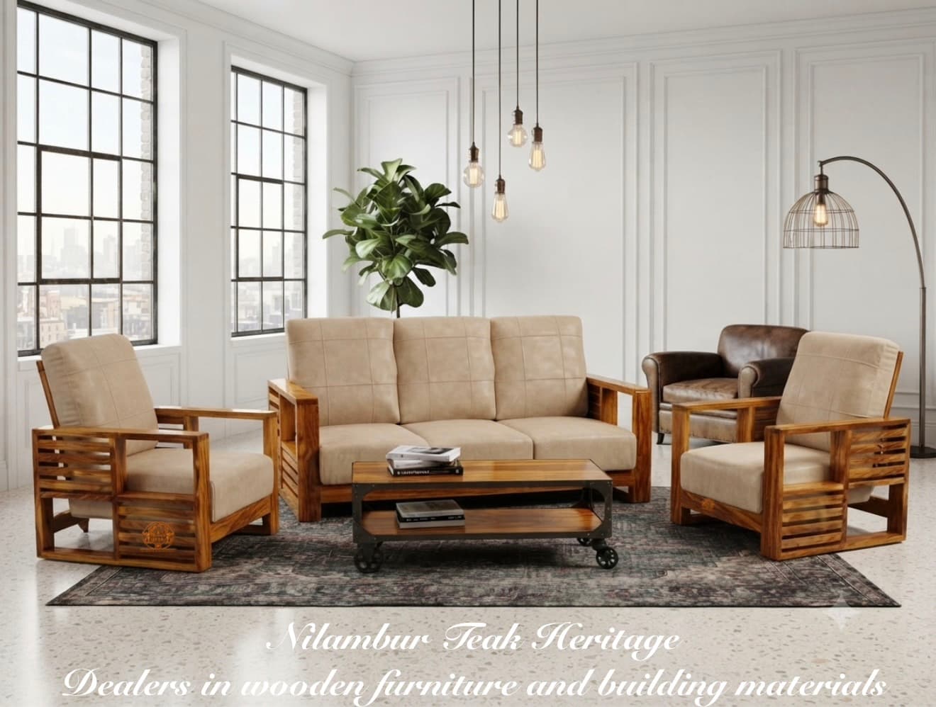 Urban Loft Solid Teak Wood 5-Seater Sofa Set (3 + 1 + 1) with Horizontal Slotted Box Arms