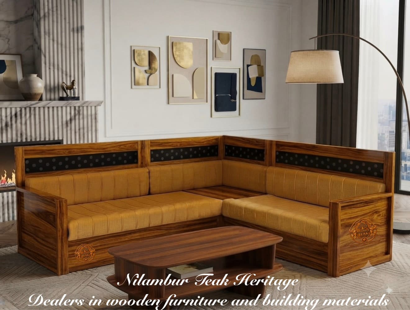 Sovereign Solid Teak Wood Modular L-Shape Corner Sectional Sofa with Inset Motif Trim