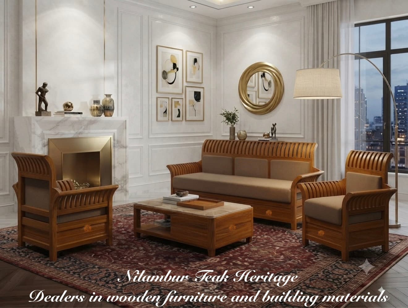 Signature Spindle-Crest Solid Teak Wood 5-Seater Sofa Set (3 + 1 + 1) with Curved Slatted Armrests