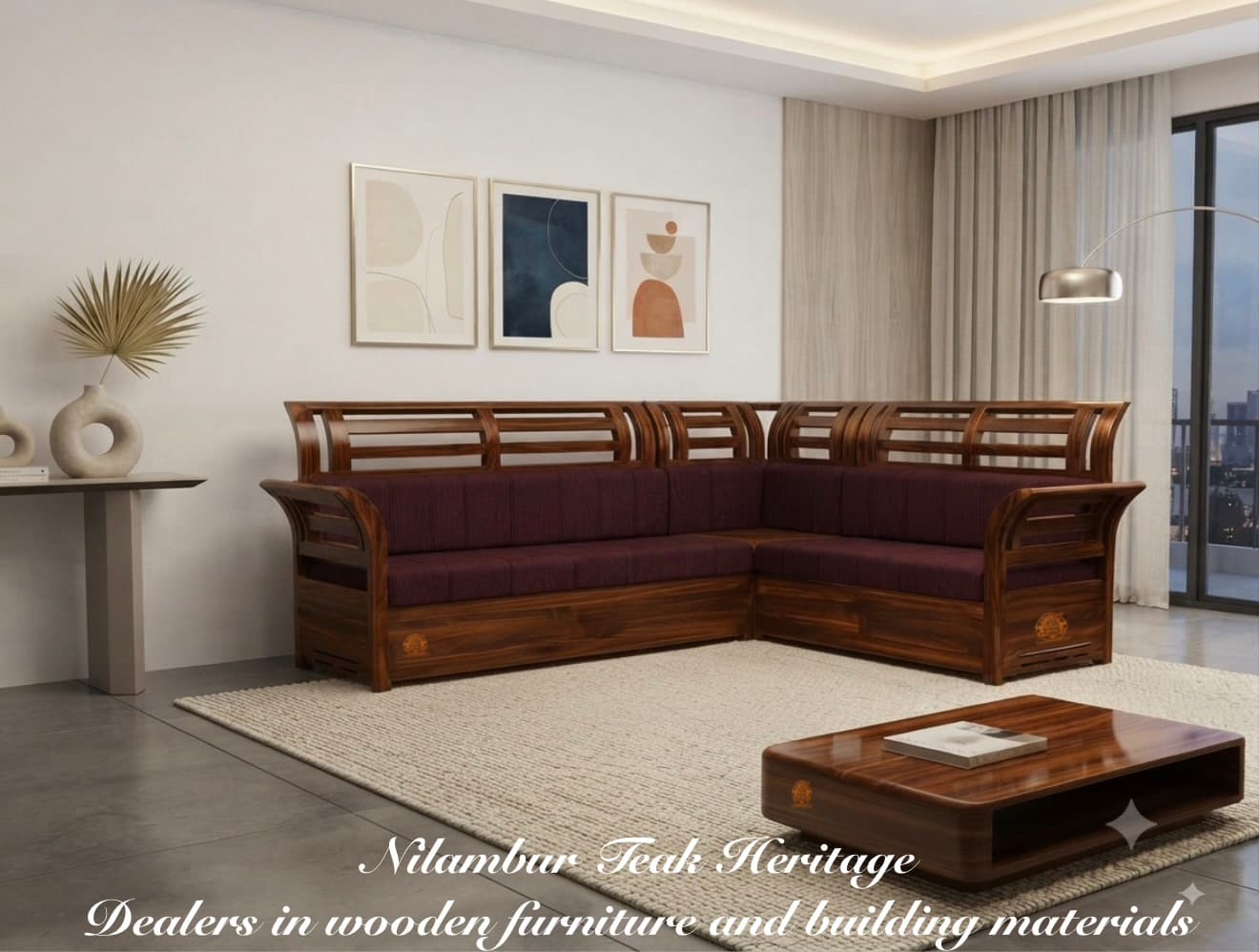 Sovereign Curve Solid Teak Wood L-Shape Corner Sectional Sofa with Horizontal Ladder Backrest