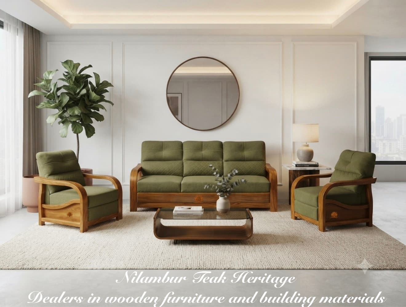 Nordic Curve Solid Teak Wood 5-Seater Sofa Set (3 + 1 + 1)