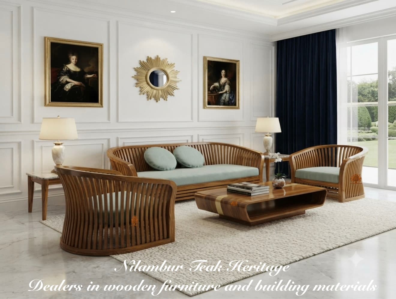 Nilambur Royal Solid Teak Wood 5-Piece Curved Slatted Sofa Set with Sculpted Coffee Table