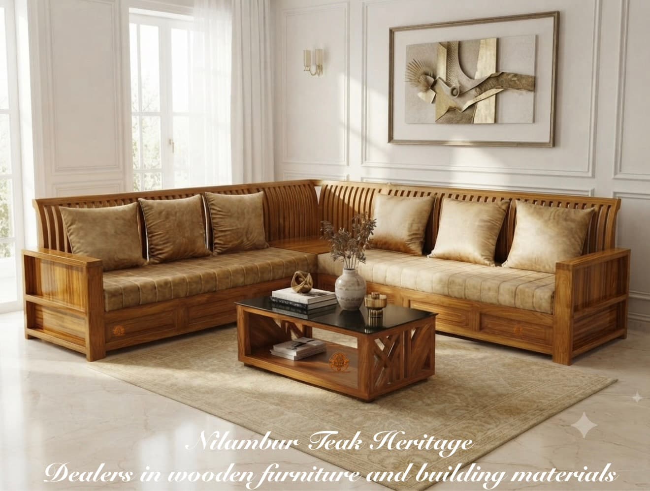 Crafted Solid Teak Wood L-Shaped Sectional Sofa Set with Glass-Top Coffee Table