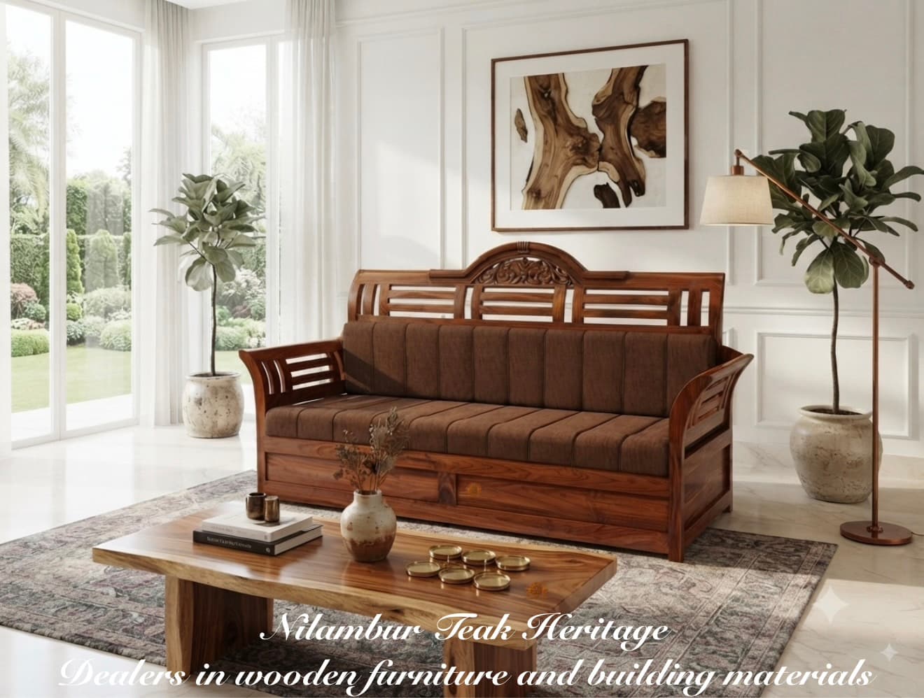 Heritage Royal Solid Teak Wood 3-Seater Sofa with Hand-Carved Crown Crest & Live-Edge Coffee Table
