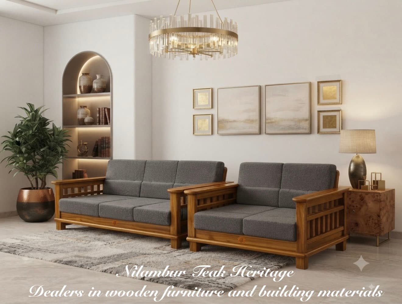 Modern Solid Teak Wood 5-Seater Sofa Set (3-Seater + 2-Seater)