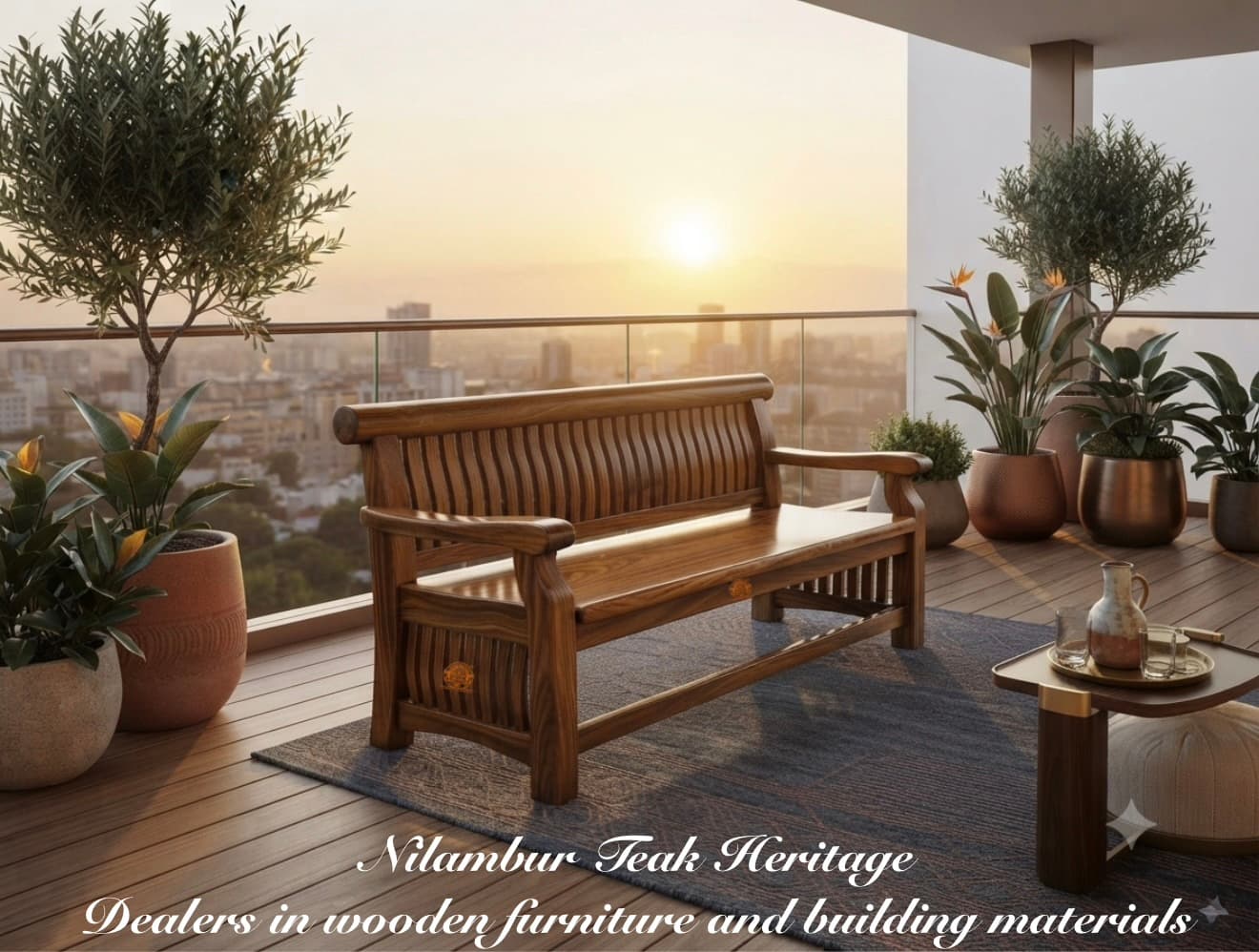 Royal Solid Teak Wood Outdoor Balcony & Garden Bench with Rolled Top Crest & Slatted Back