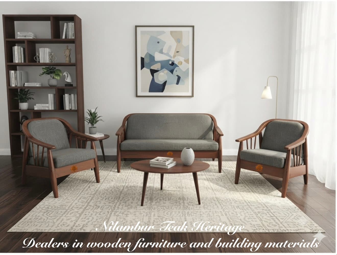 Mid-Century Scandinavian Solid Teak Wood 4-Piece Sofa Set with Spindle Arm Accents