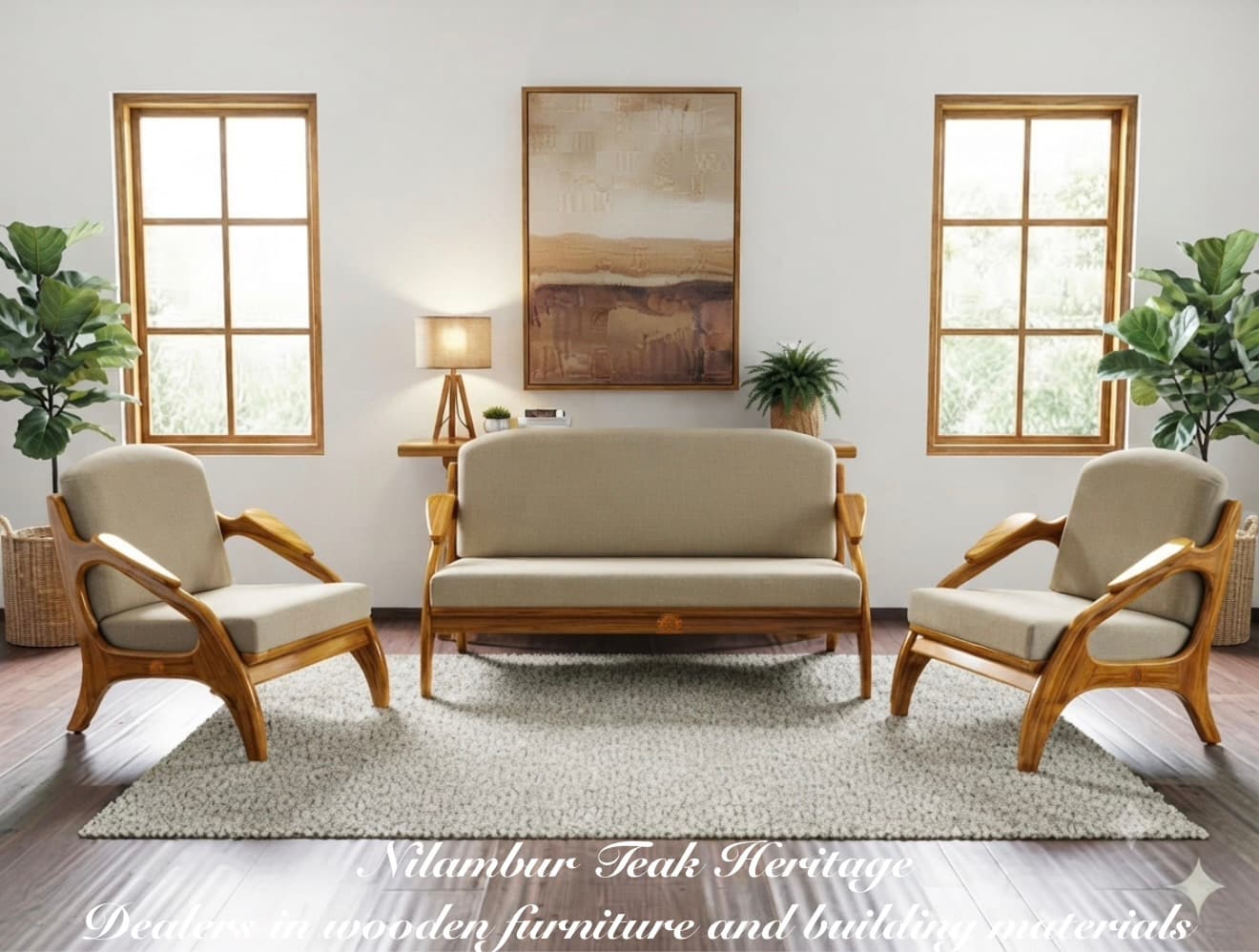 Organic Sculptural Solid Teak Wood 3-Piece Lounge Sofa Set with Sweeping Curved Armrests