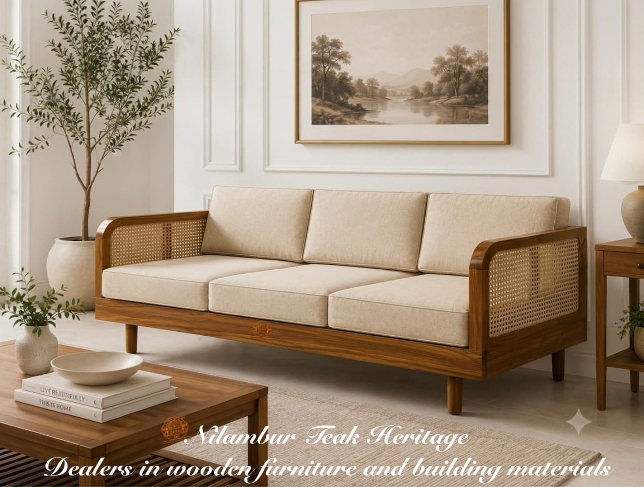 Japandi Solid Teak Wood 3-Seater Sofa with Hand-Woven Natural Cane Arm Panels