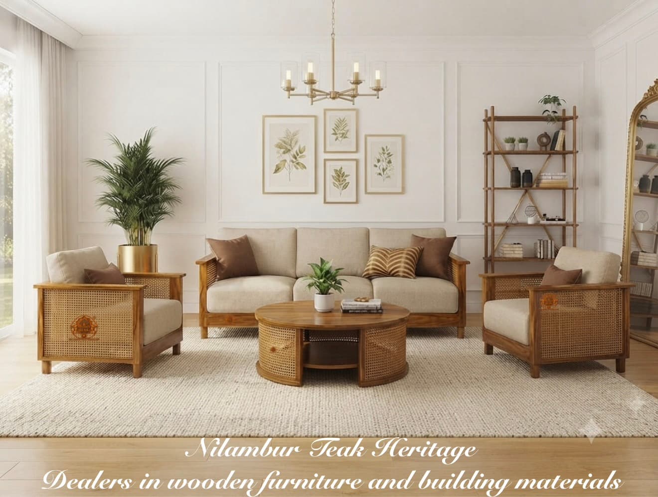 Modern Japandi Solid Teak Wood 5-Piece Sofa Set with Woven Cane Mesh Panels & Round Drum Coffee Table