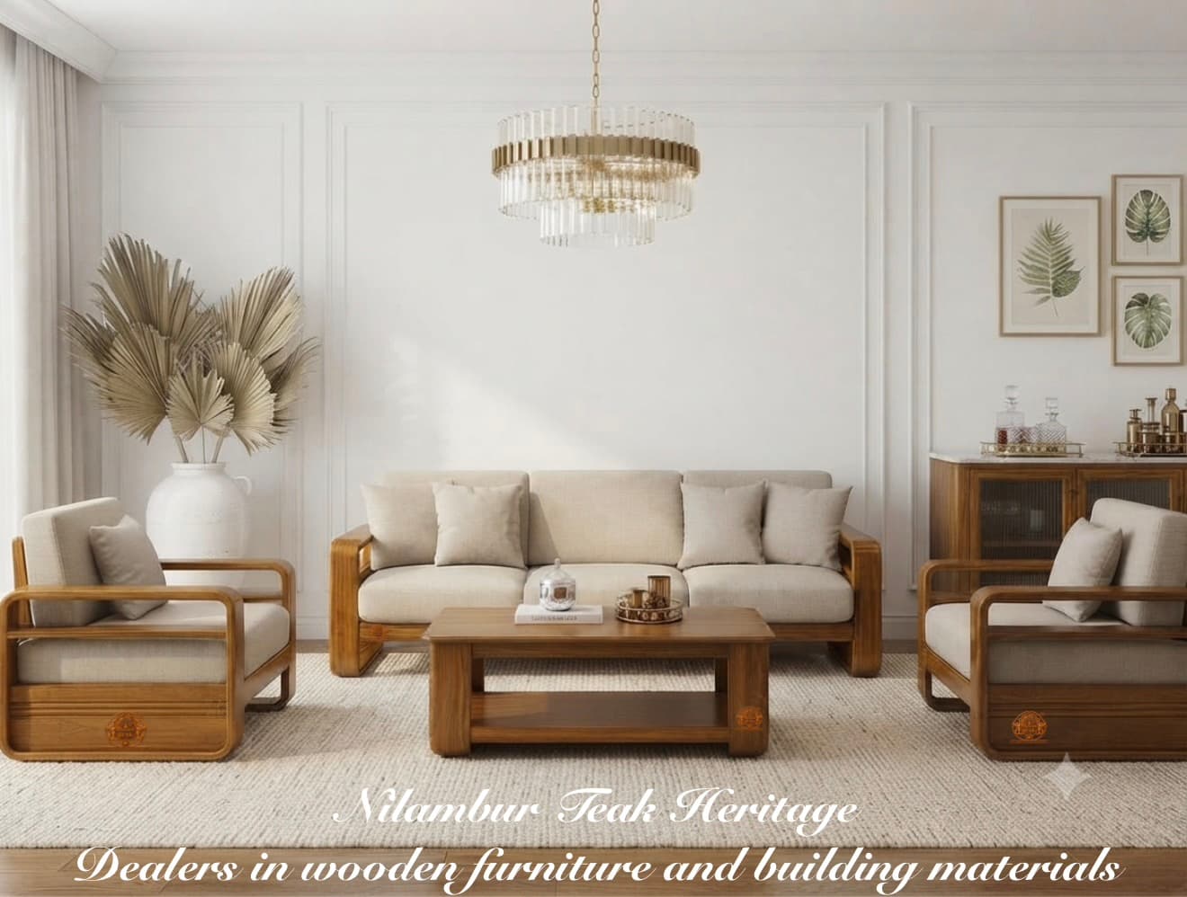 Modern Luxury Solid Teak Wood 5-Piece Sofa Set with Sled Loop Frames