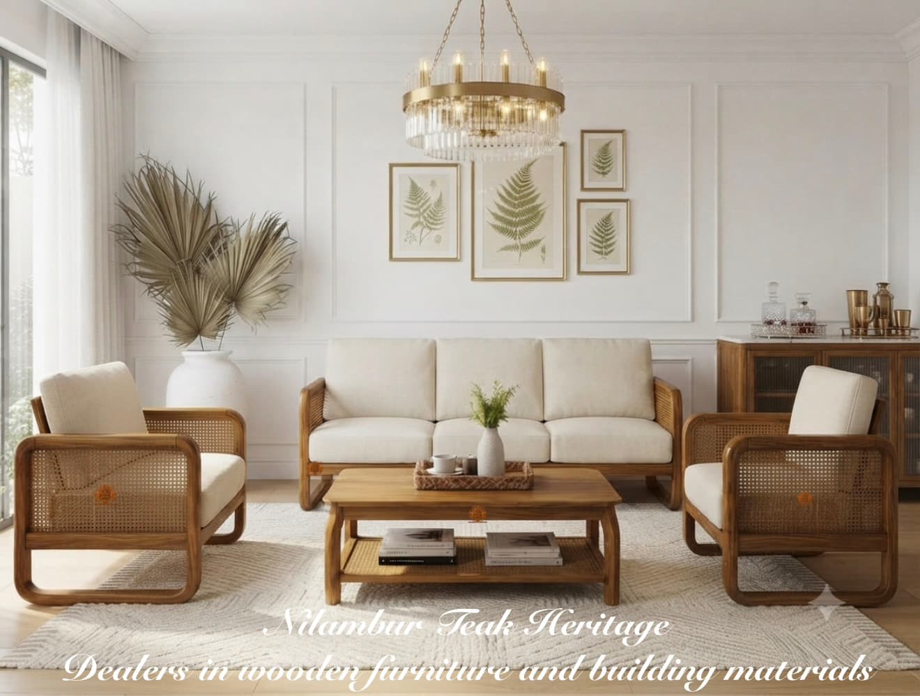 Aurelia Handcrafted Solid Teak Wood & Woven Rattan 4-Piece Sofa Set (3-Seater Sofa, 2 Armchairs, Dual-Tier Coffee Table)