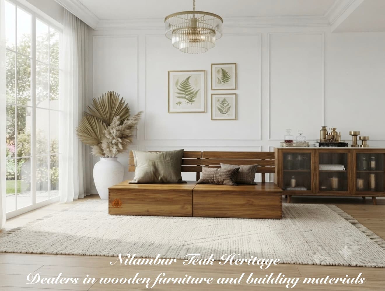 Heritage Solid Teak Wood Dual-Box Storage Bench with Slatted Backrest