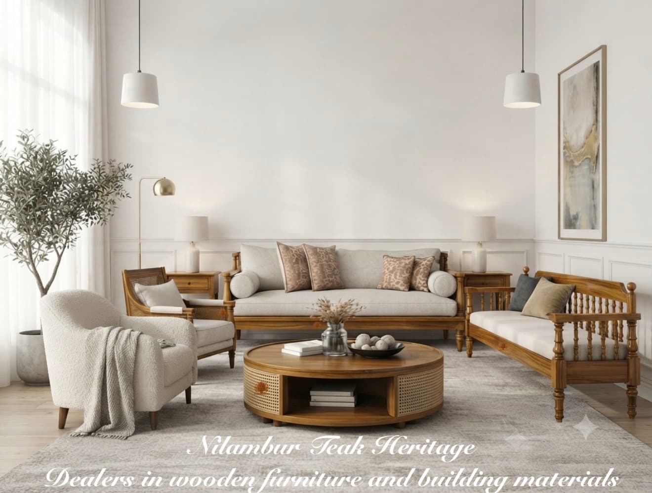 Heritage Handcrafted Solid Teak Wood 5-Piece Living Room Sofa Set with Spindle Balusters, Cane Round Coffee Table
