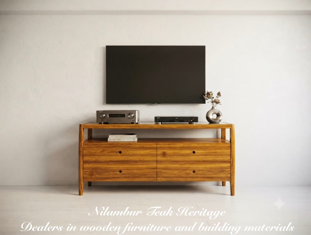 Nordic Mid-Century Solid Teak Wood TV Console & Media Credenza with 4 Drawers