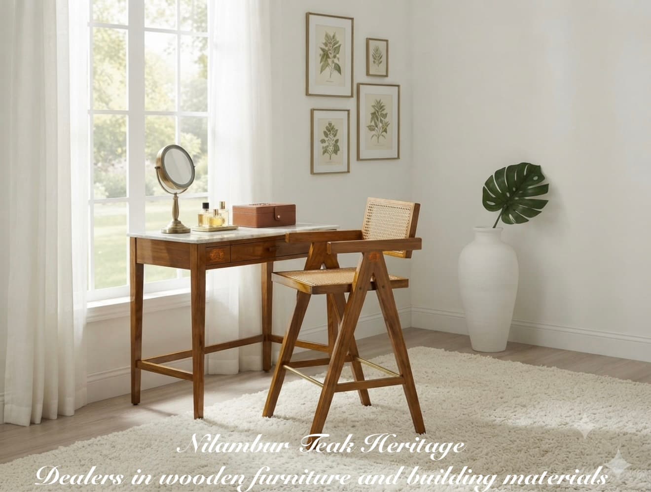 Artisan Teak Wood Study Desk with White Marble Top & Woven Cane Architectural Chair Set