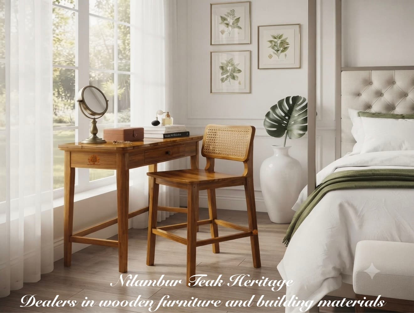 Golden Solid Teak Wood Compact Writing Desk & Cane-Back Accent Chair Set
